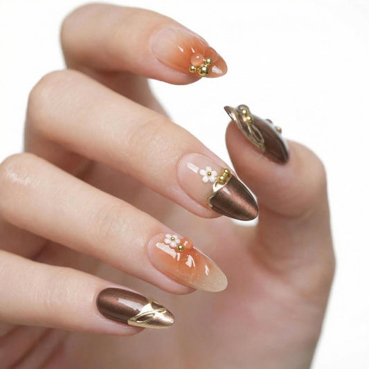 3D Brown Press On Nails, Almond Shape Glossy Fake Nails with Metallic Lines & Floral Design, Elegant On Nails for Women, 24 Pcs Nail Kit