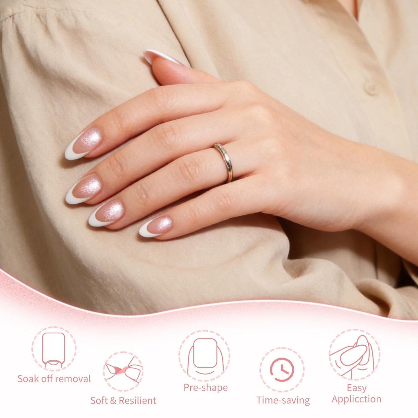 GAWRJ Press On Nails Short - Brown Nail Tips, French Tip Cat Eye Almond Press On Nails with Glue and Adhesive Tabs for Women in 16 Sizes - 32 Soft Gel Glue On Nails Kit