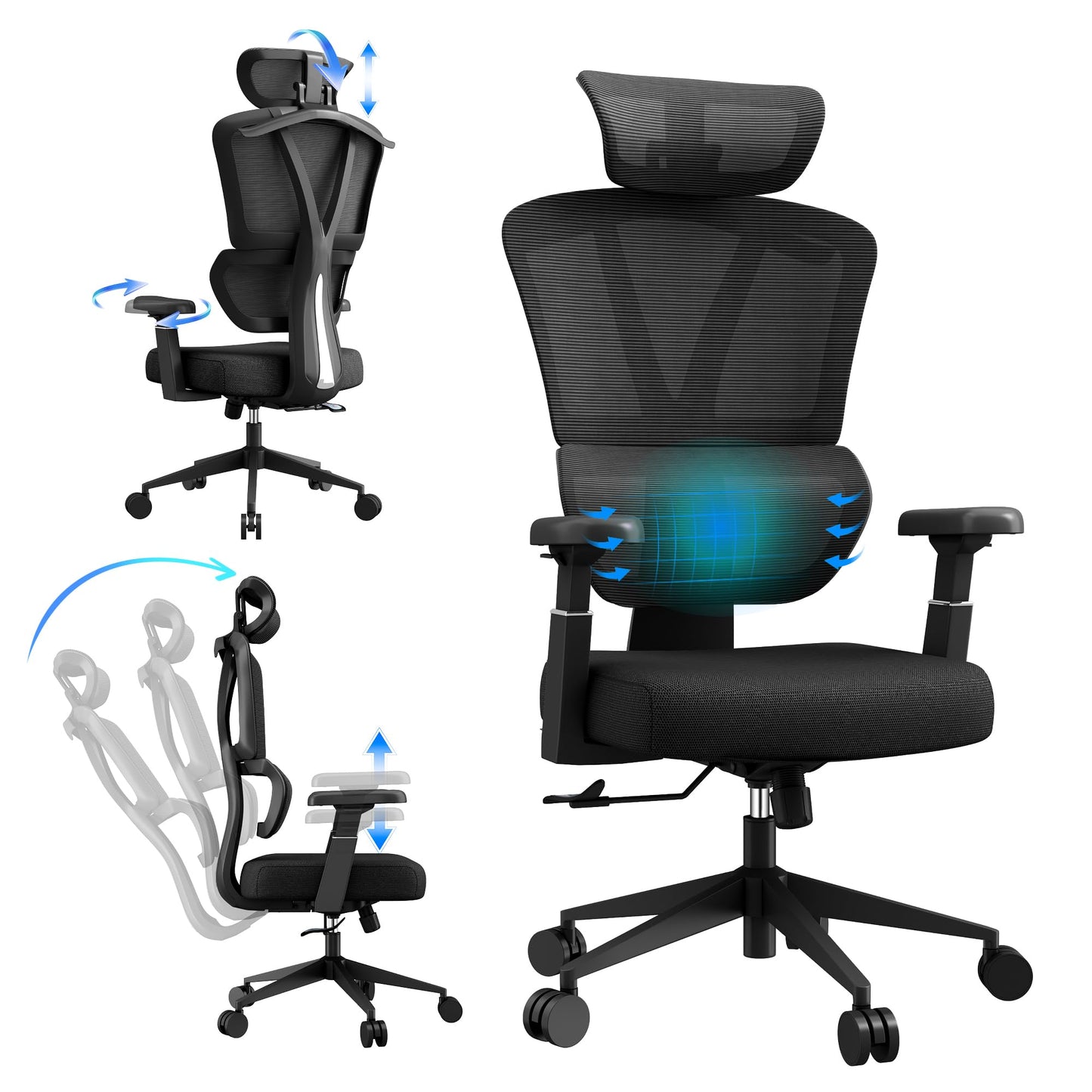 BIKIGIRL Ergonomic Office Chair Mesh High Back Computer Desk Chair with Lumbar Support, Adjustable Headrest, 3D Armrests, Tilt Lock for Home Office & Gaming