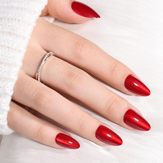 Red Cat Eye Press On Nails Almond Short - Short Almond Fake Nails, Red Cateye Press On Nails Reusable Stick On Nails in 16 Sizes, 32pcs False Nail Kit for Women & Girls (Garnet)