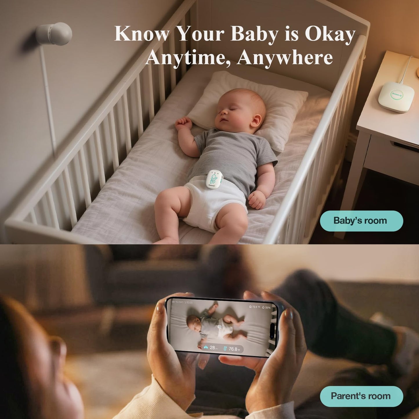 Sense-U Pro Smart Baby Monitor Bundle with 2.5K QHD Pan-Tilt-Zoom Camera: Tracks Breathing Movement, Rollover & Overheating with Cry Detection, Background Audio, Security Wi-Fi Video Camera