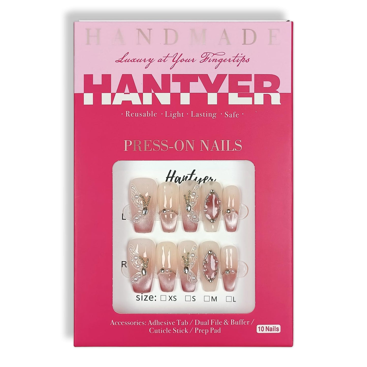 Hantyer Press on Nails Medium Coffin False Nails with Butterfly Design, White Rhinestones & Pearls, Pink Gradient Glossy Cat Eye, Handmade Tips with Tool Kit Salon Nails Sweet Style for Women(Size XS)