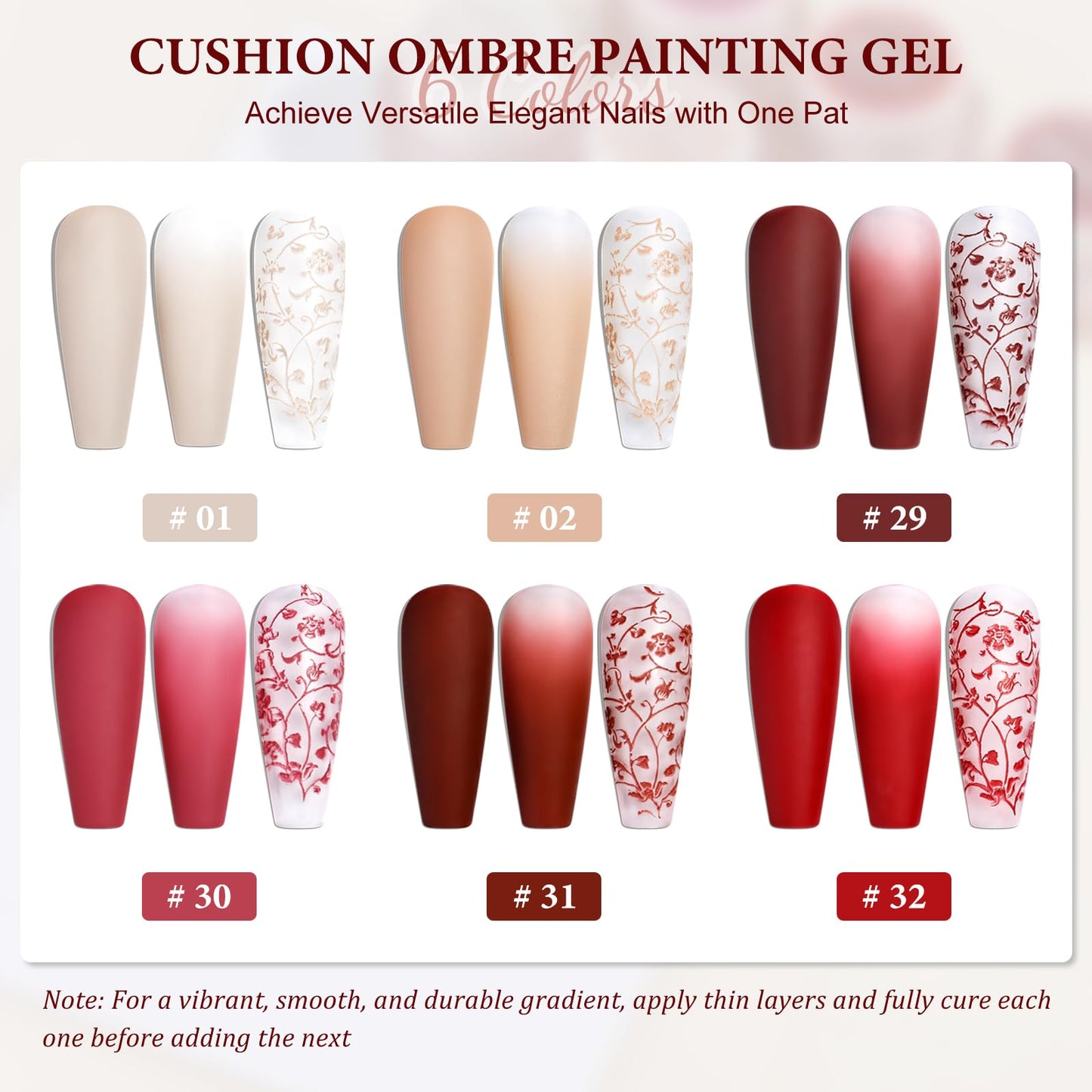 SUTOKAKA 6 Color Cushion Ombre Painting Gel Kit, Red Nude Ombre Patting Gel with Soft Sponges Grabber Pen, Professional Gradient Nail Polish for DIY Aura Blush Blend French Manicure Design