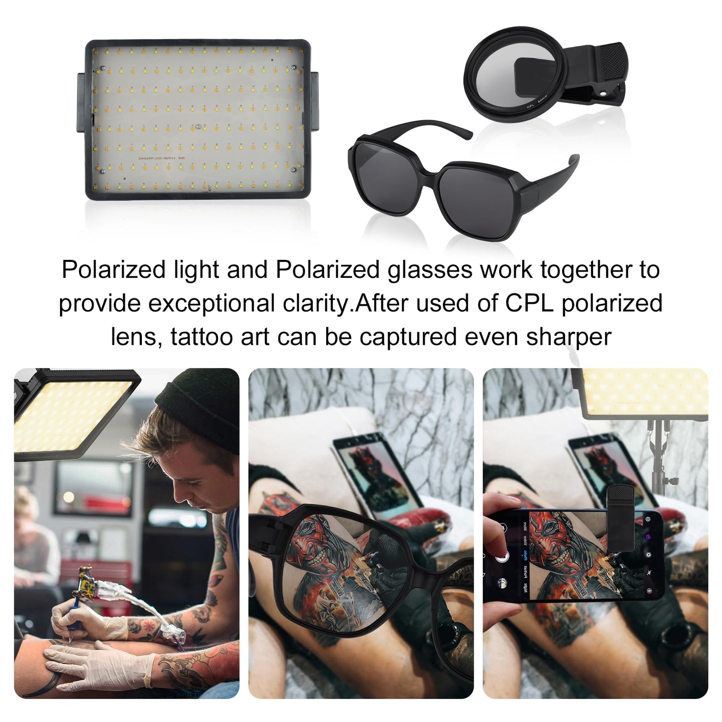 Tattoo Light Kits and120 LED Polarized Light for Tattoo Kit with 52 mm Polarized CPL Len, Tripod Stand, LED Tattoo Lamp, Multi-Function Clip,iPad Clip Remove Glare for Taking Tattoo Photos and Live St