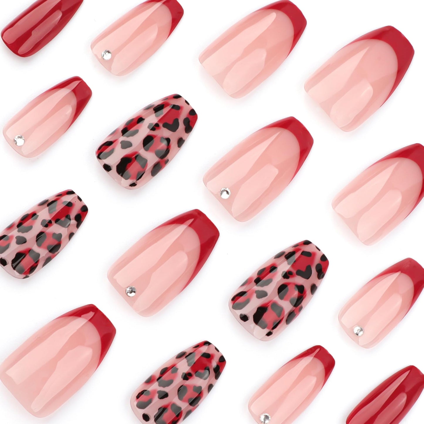 Red Press On Medium Coffin French Tip Leopard Print Glue Solid Color Acrylic Glossy Full Cover Stick On Nails 24Pcs