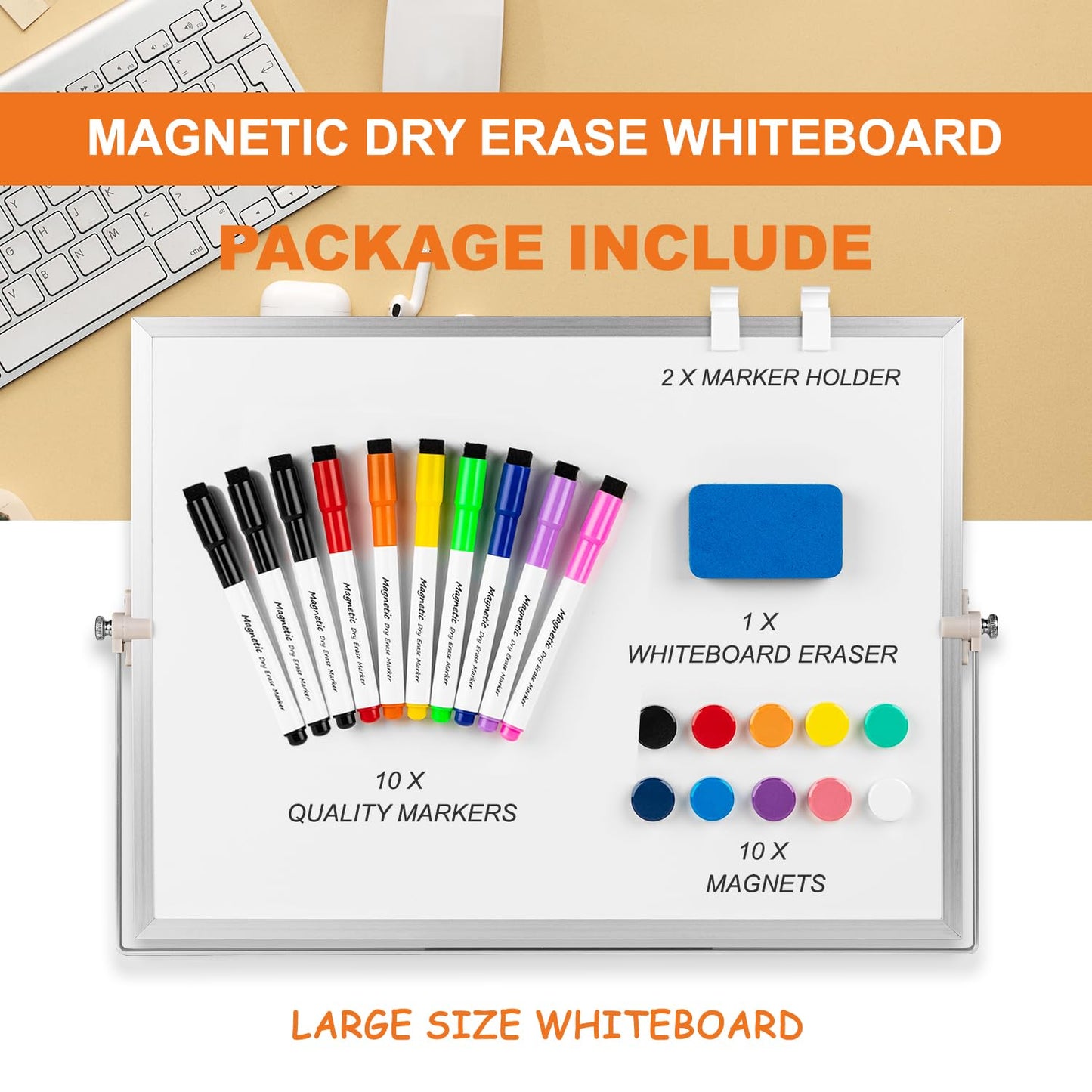 Dry Erase WhiteBoard, Aisuoker 16 x 12inch Magnetic Desktop Whiteboard with Stand, 10 Markers, 10 Magnets and 1 Eraser, Portable Double-Sided White Board for Kids Drawing Memo to Do and List Wall