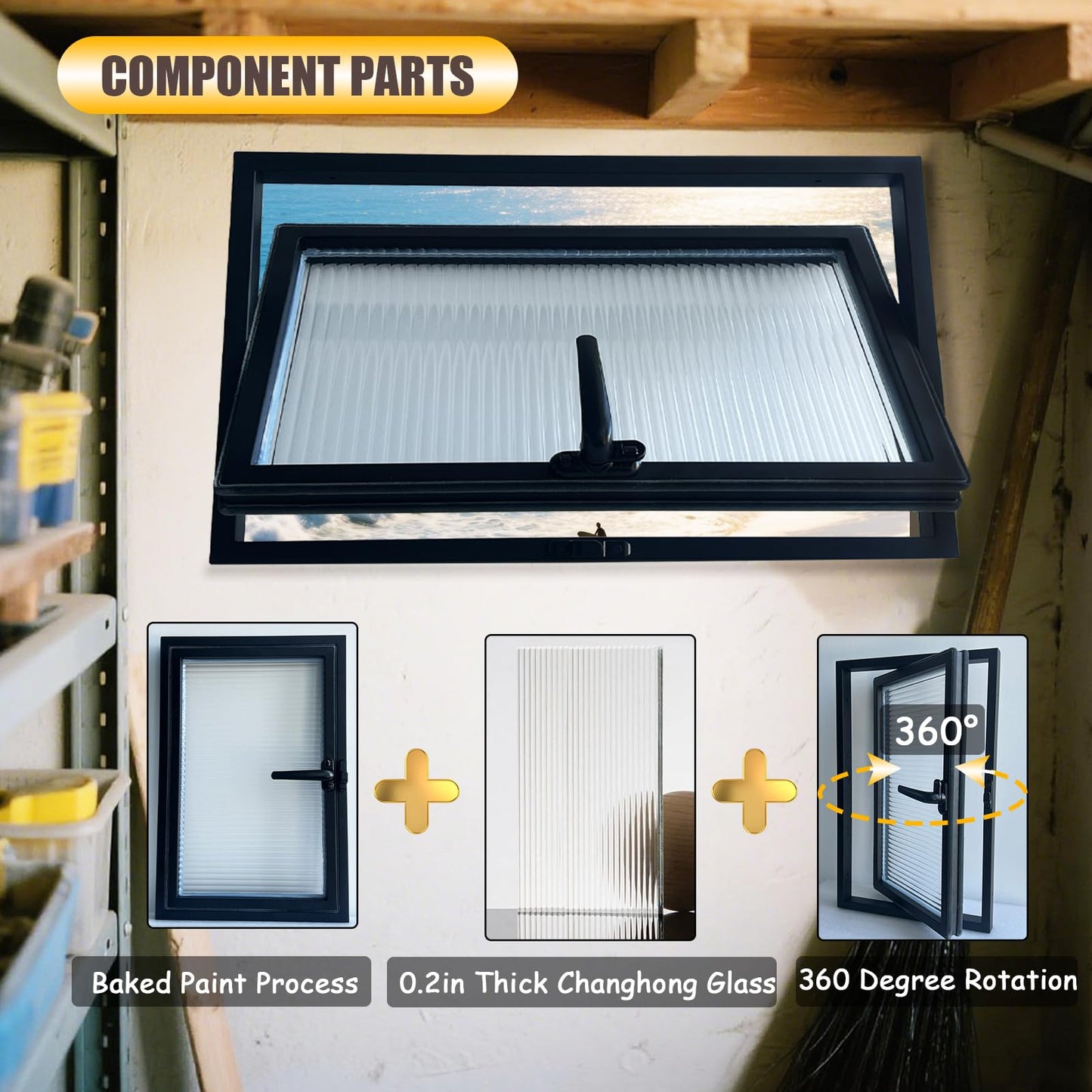 32x24in Windows for houses, 360° Rotation Sliding Window, Flush Mount Rotating Ventilated Windows, Basement Window with Tempered Glass, for Bathroom/Kitchen/Warehouse/Playhouse (Black, 32x24in)
