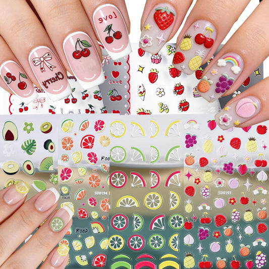 6 Sheets Fruits Nail Stickers for Nail Art Summer, 3D Self-Adhesive Nail Decals with Strawberry Cherry Pattern, Nail Supplies Nail Art Design Accessories for Women and Girls Manicure DIY Decoration