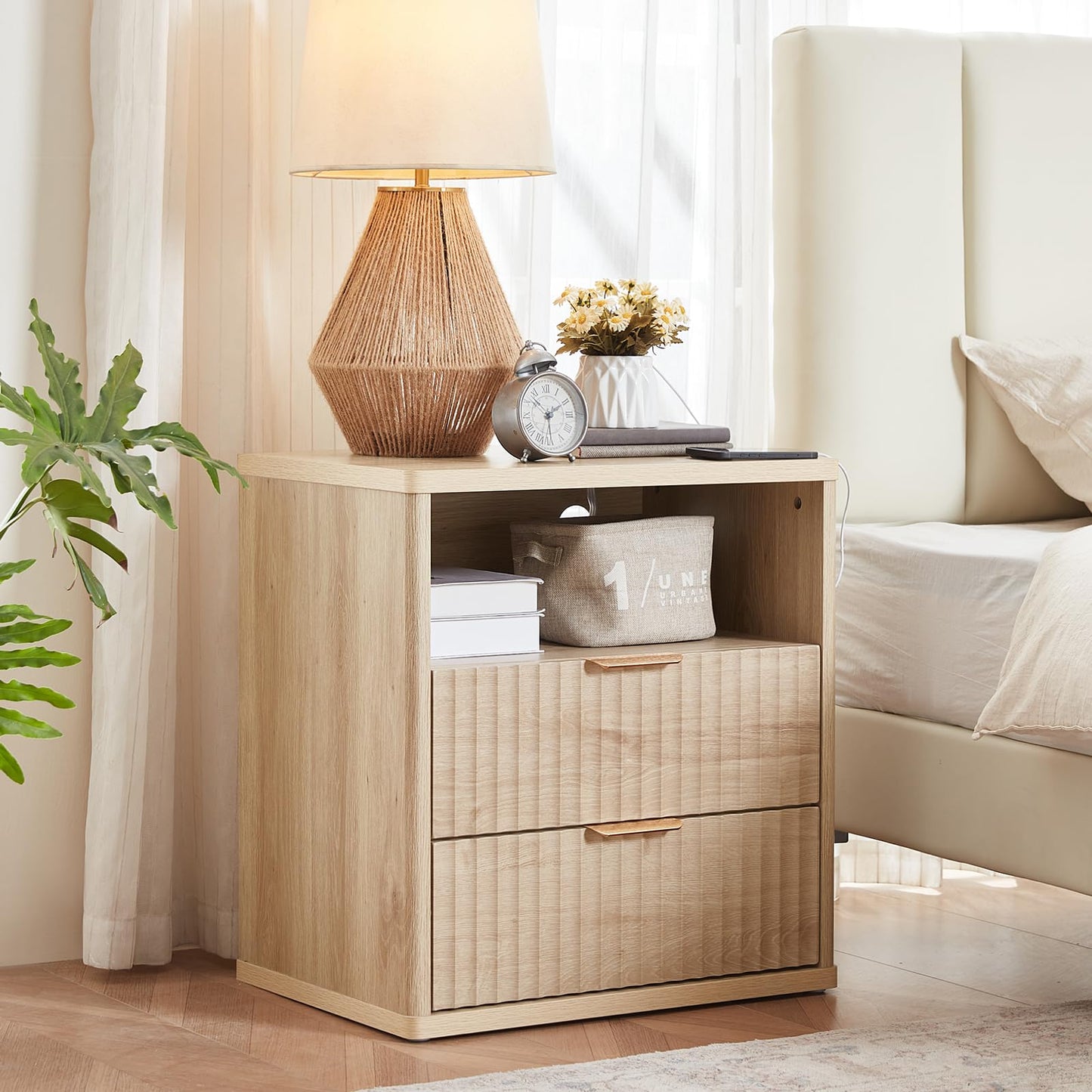 LEYAOYAO Fluted Farmhouse Nightstand Set of 2 with Charging Station, 23" Wide 2 Drawers End Table,Natural Dresser for Bedroom,Bed Side Table Chest of Drawers Cabinet,Wood Night Stand for Living Room