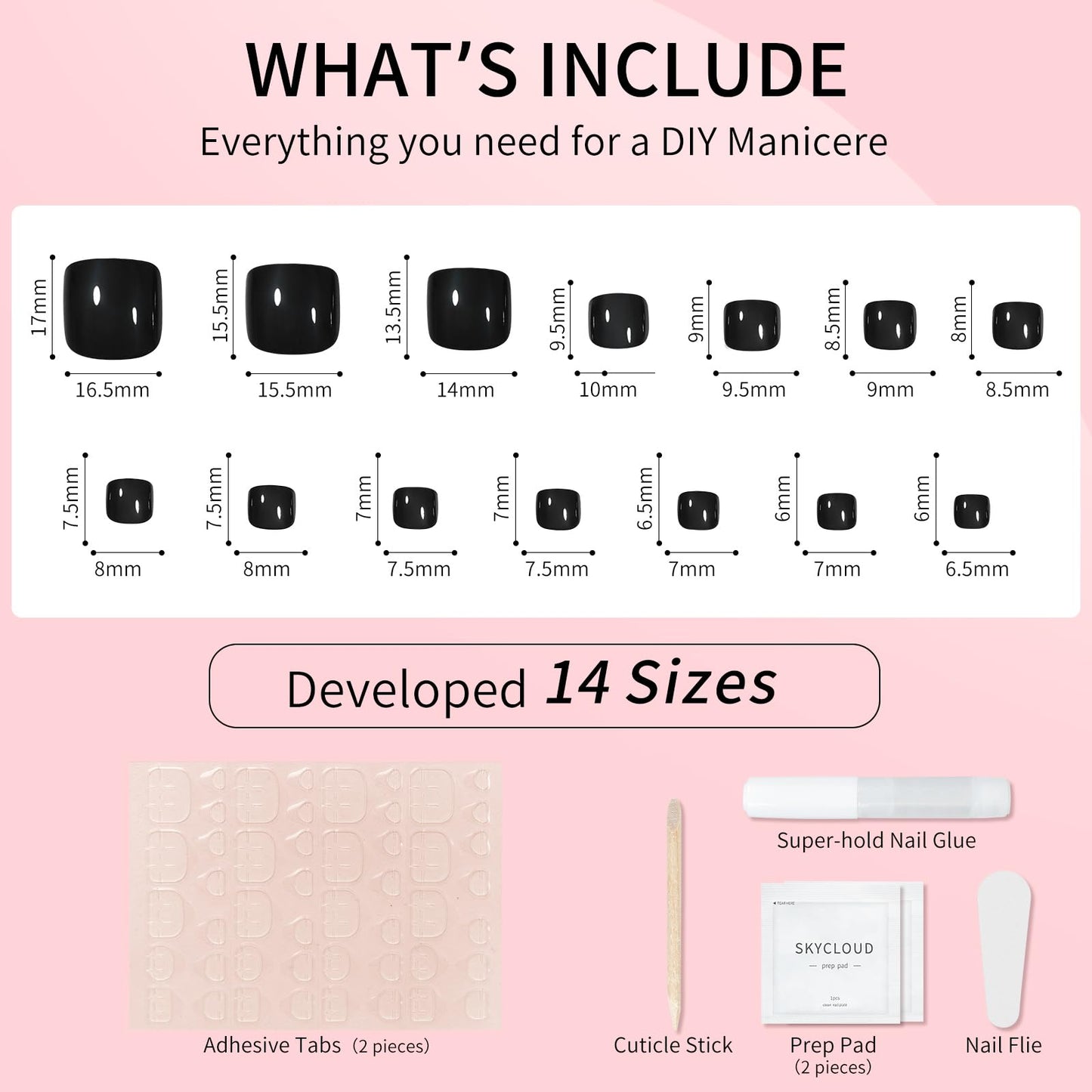 Black Short Press On Toenails,14 Size-28 Pcs Soft Gel Black Square Fake Toenails Kit with Toenails Glue, Natural Reusable Stick On False Toenails for Women and Girls (Skycloud Black Toenails) SK0754