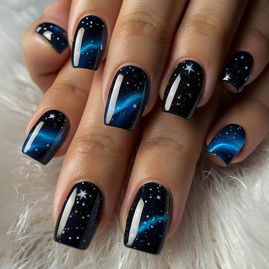 Stars False Nails Press on Nails Medium Blue Starry Sky Smudge Pattern Design Square Fake Nails Full Cover Acrylic Nails Press Nails with Charm Artificial Stick on Nails Glossy Acrylic Nails for Women