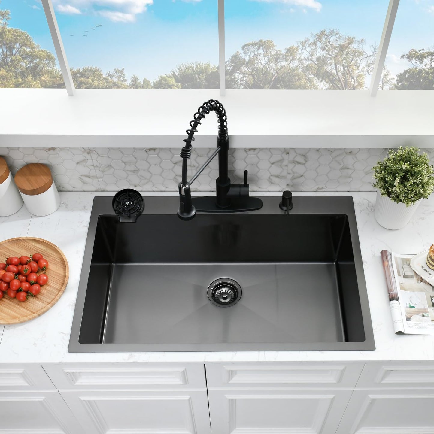SOMRXO 33x22 Drop In Kitchen Sink and Faucet Combo Set, Black Stainless Steel Kitchen Sink with Cup Washer,9 Inch Deep Single Bowl with Accessories, Heavy-Duty & Easy-Clean Design
