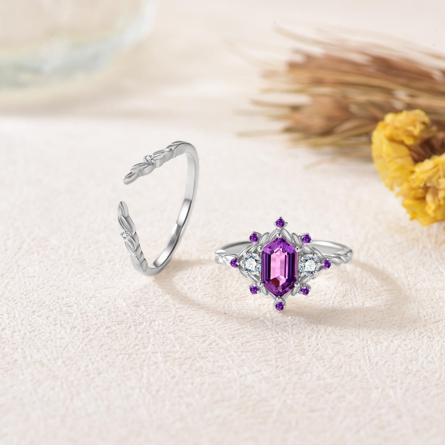 LieYovanaRing 1CT Hexagon-Cut Amethyst Wedding Ring Set 18K White Gold Platinum Plated Silver Three Stones Bridal Sets,S925 Amethyst Moissanite Engagement Ring Sets for Women Jewelry Gift for Anniversary Birthday (Size 8)