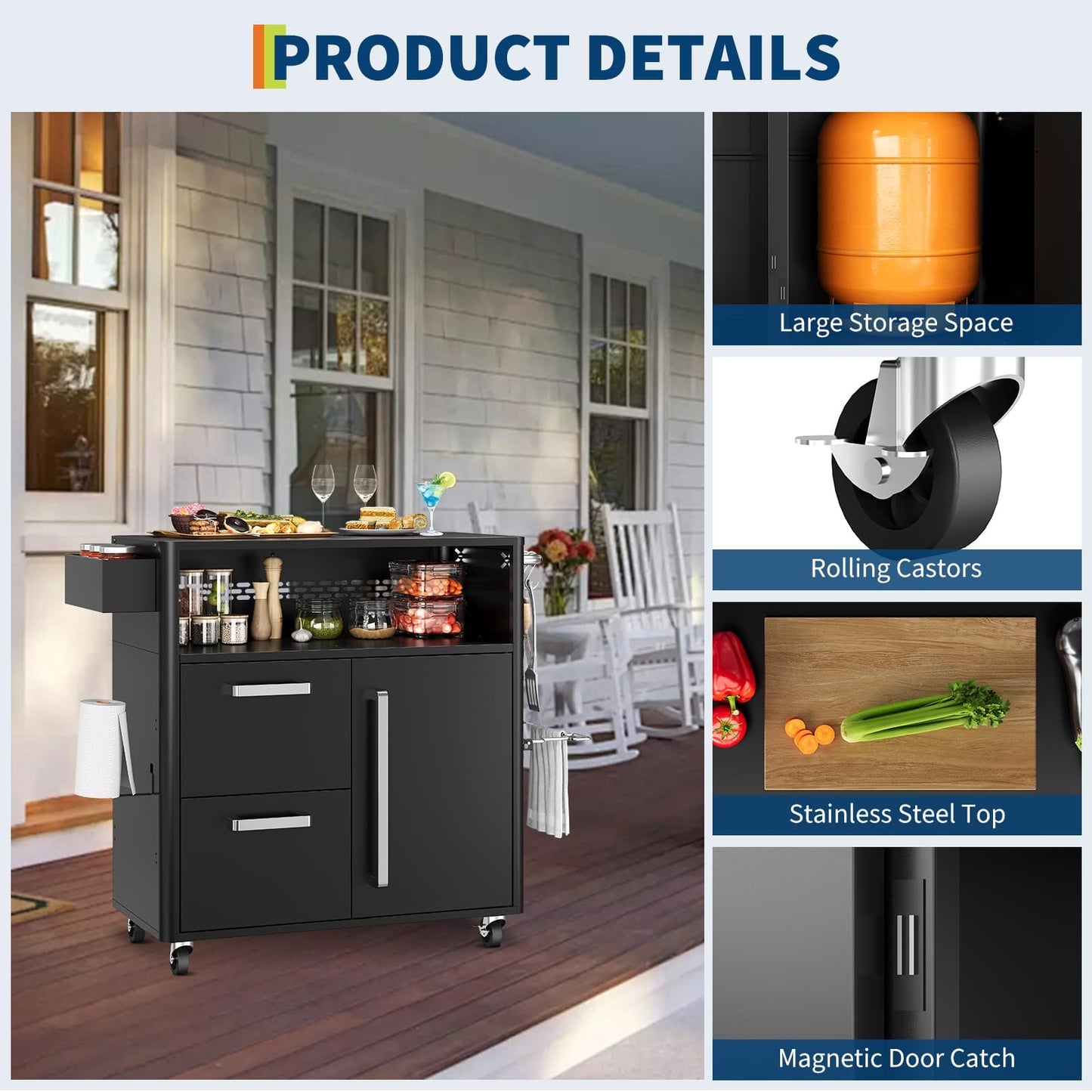 Heavy Duty Outdoor Grill Cart with Stainless Steel Prep Table, Lockable Wheels, Large Storage Cabinet, and Island Table for Patio or Kitchen