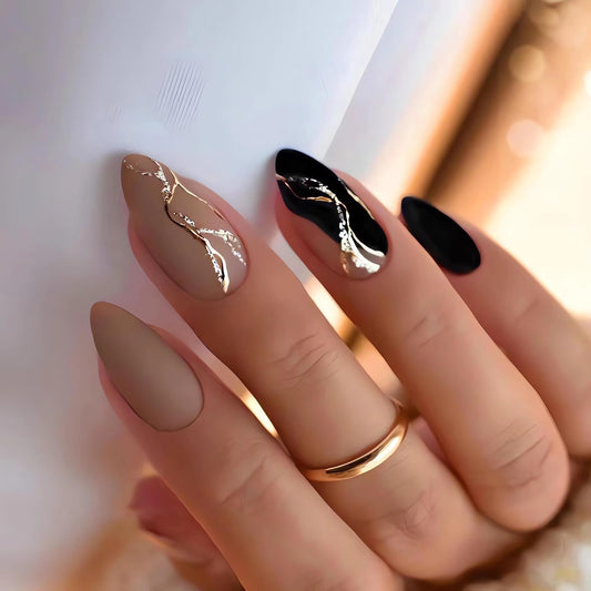 IMSOHOT Almond Press on Nails Medium French Tips Fake Nails Matte Coffee Brown Acrylic False Nails with Gold Foil Designs Full Cover Fall Black Stiletto Nails Glue on Nails for Women 24Pcs