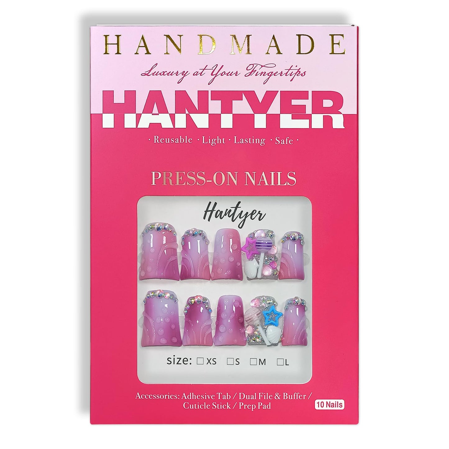 Hantyer 10pcs Short Duck Nails, Pink Ombre Press on Nails with 3D Ripple, Lollipop & Star Charms, Glossy Cute Fake Nails, Reusable Sweet False Nails for Women Birthday Party Carnival Full Set (Size L)