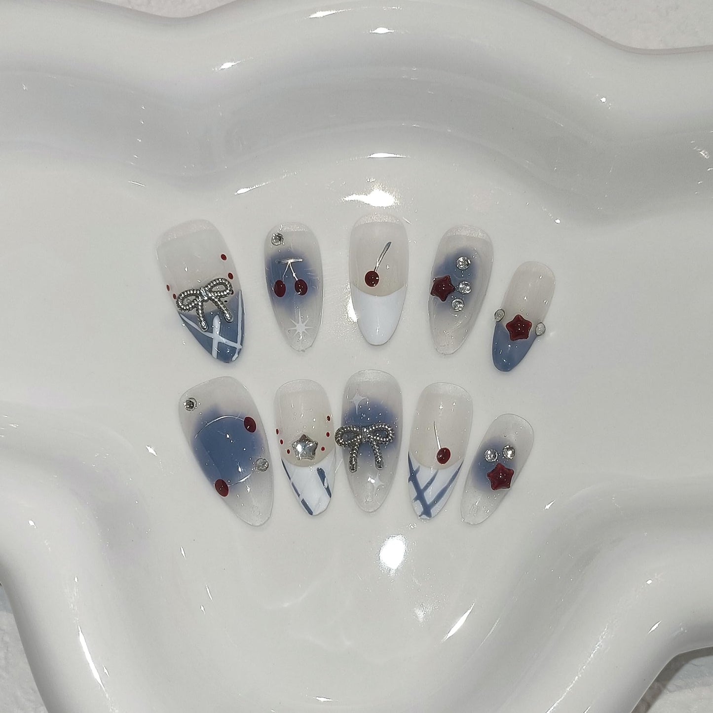 TENPAL Light Blue White French Press on Nails Medium Almond with 3D Charms Bow Rhinestone Cherry,10Pcs Sweet Girls Summer with Full Kit(L)