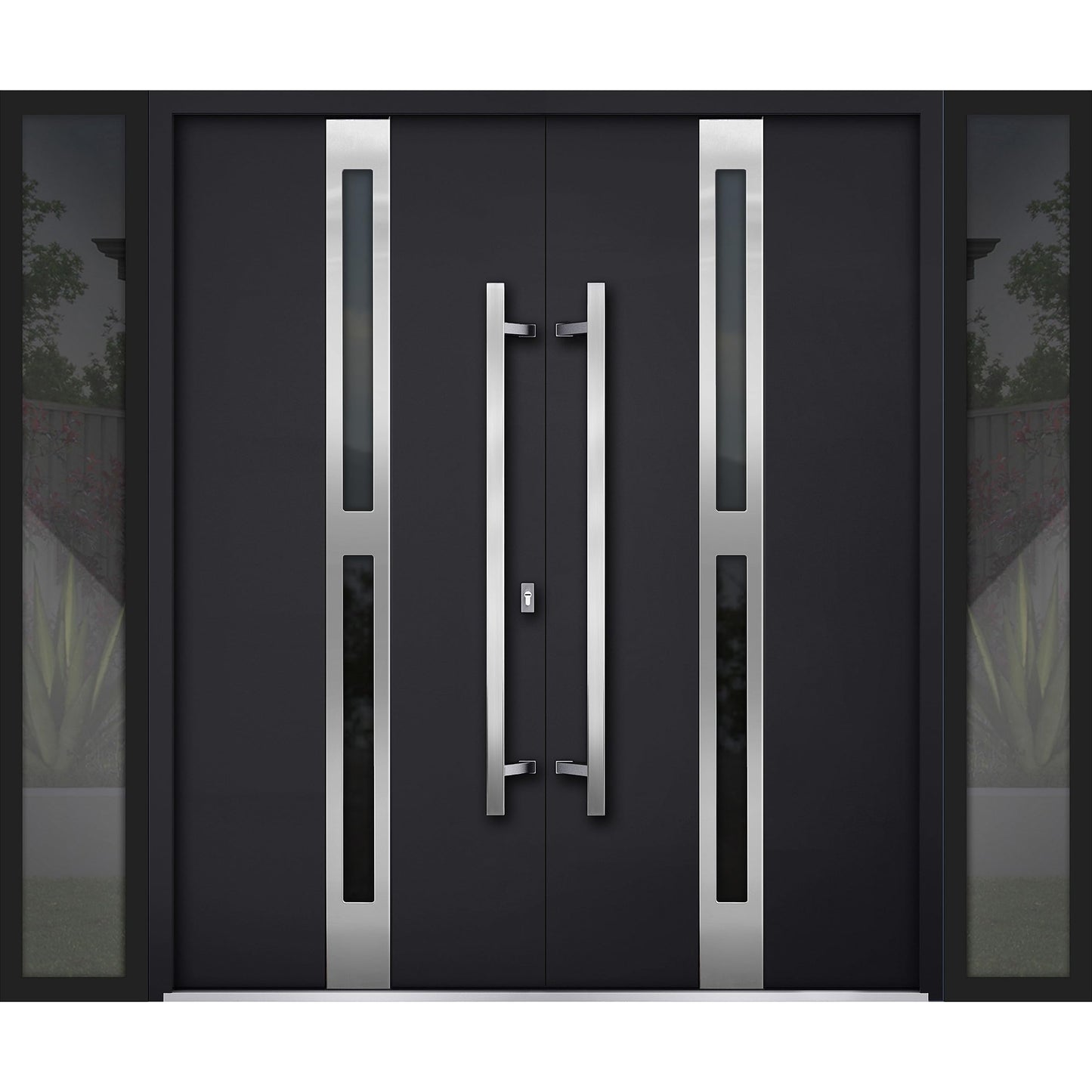 VDOMDOORS Front Exterior Prehung Metal Double Doors/Deux 1755 Black Enamel Tinted Black Glass / 2 Sidelites Exterior Windows/Entry Modern Painted Right Inswing Active Door 104" x 80"