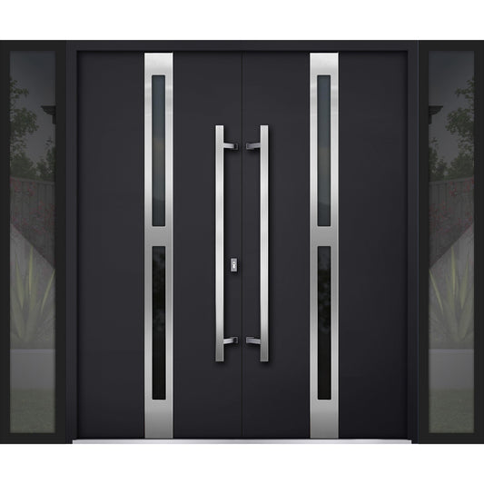 VDOMDOORS Front Exterior Prehung Metal Double Doors/Deux 1755 Black Enamel Tinted Black Glass / 2 Sidelites Exterior Windows/Entry Modern Painted Left Inswing Active Door 104" x 80"