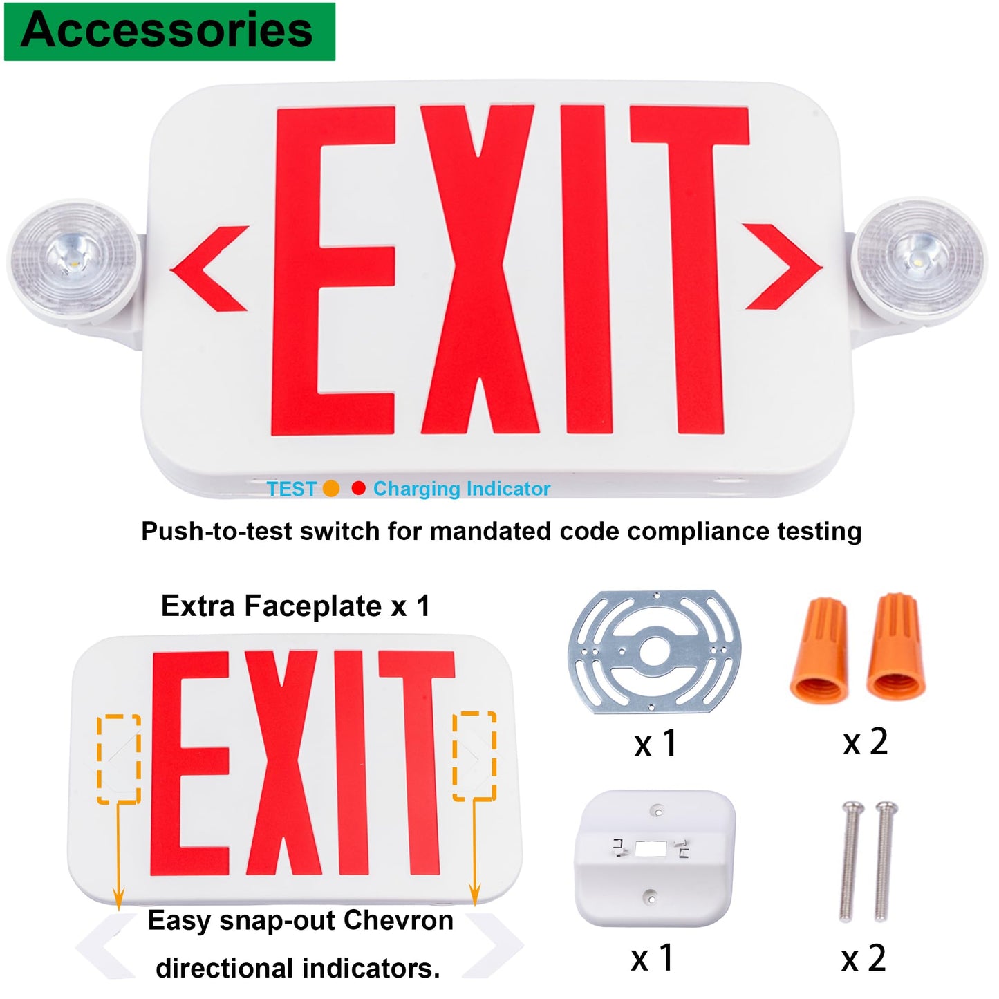 LIT-PaTH LED Combo EXIT Sign with 2 Adjustable Head Lights and Doube Face, Back Up Batteries- US Standard Red Letter Emergency Exit Lighting, UL 924 and CEC Qualified, 120-277 Voltage, 1-Pack
