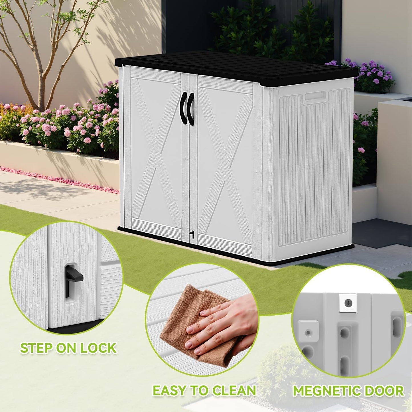 Devoko 26 Cu Ft Plastic Outdoor Storage Shed, Horizontal Resin Storage Cabinet with Lockable Door, Water-Resistant Backyard Storage Box for Garden Patio, White, Shelf Not Included