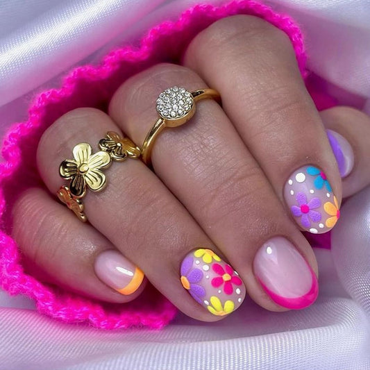 Short Almond Press on Nails Flower Fake Nails with design French Tip Press ones Orange Purple Pink False Nails Glossy Full Cover Summer Stick on Nails Reusable Glue on Nails for Women Beach Nails24pcs