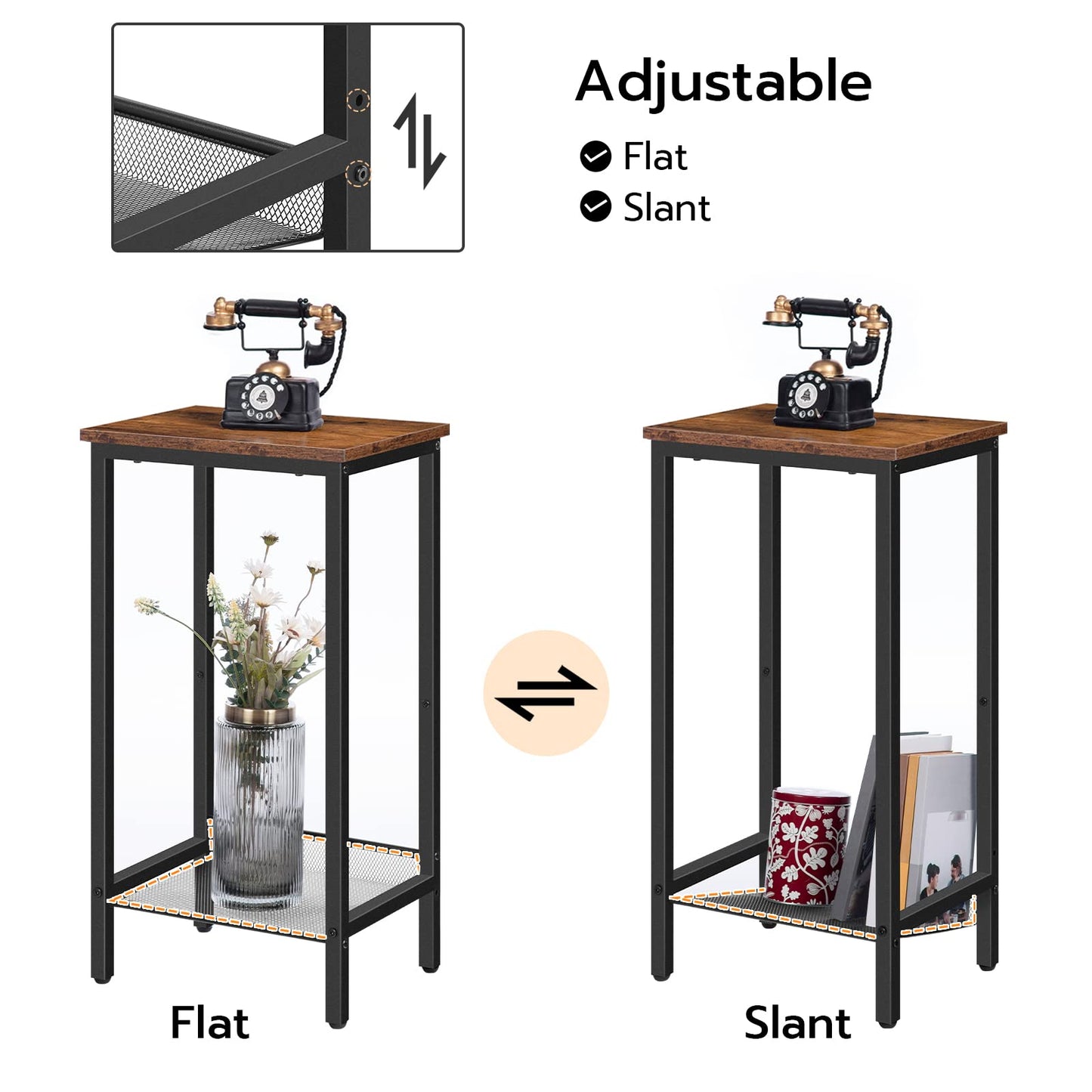 HOOBRO Tall Side Table, Industrial End Telephone Table with Adjustable Mesh Shelves, Small Tall Nightstand for Living Room, Bedroom, Entryway, Office, Rustic Brown and Black BF03DH01