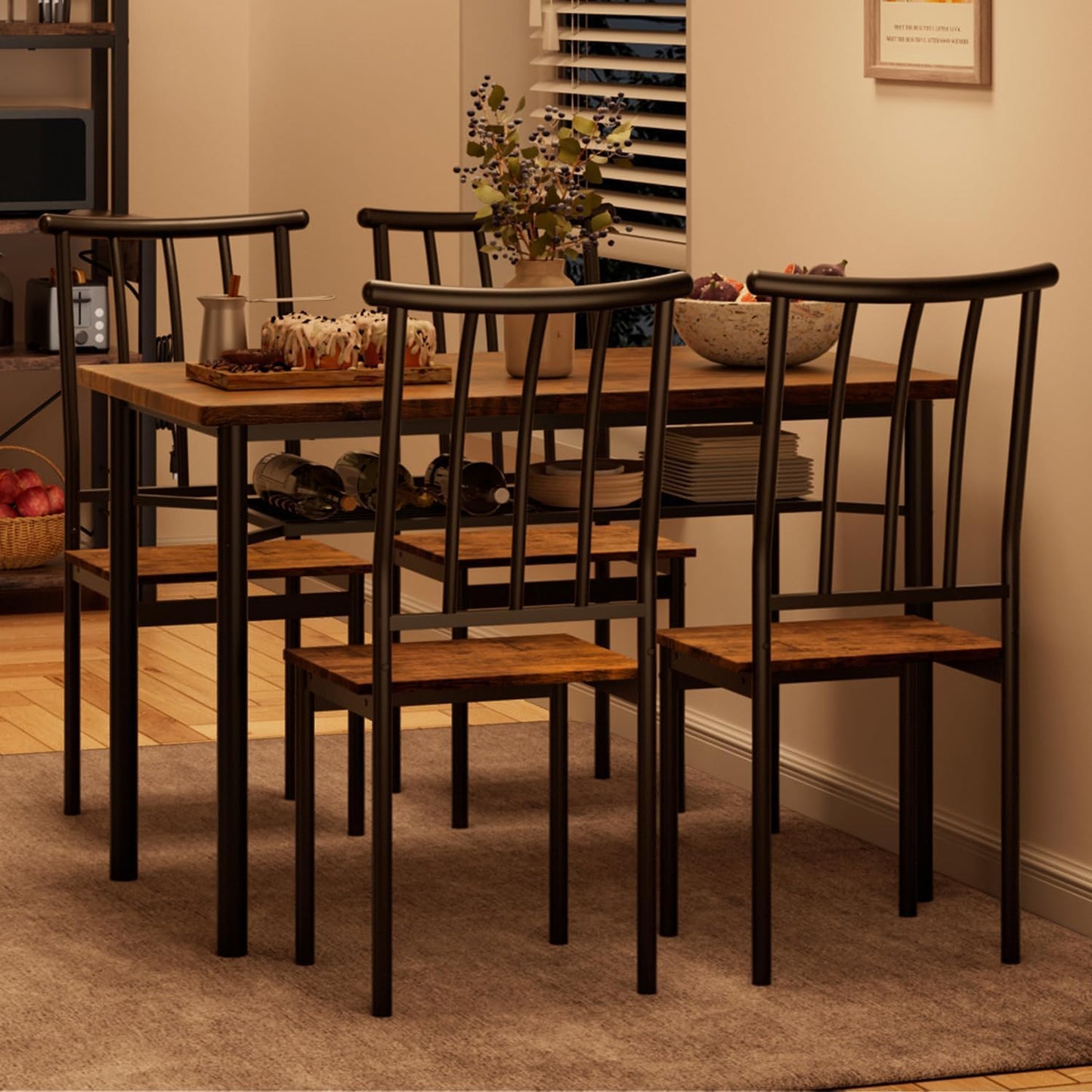 Garvee Farmhouse 5-Piece Dining Table Set for 4, Rectangular Kitchen Table with 4 Chairs, Wood Dining Set with Storage Shelf for Dining Room, Kitchen, and Small Spaces, Brown