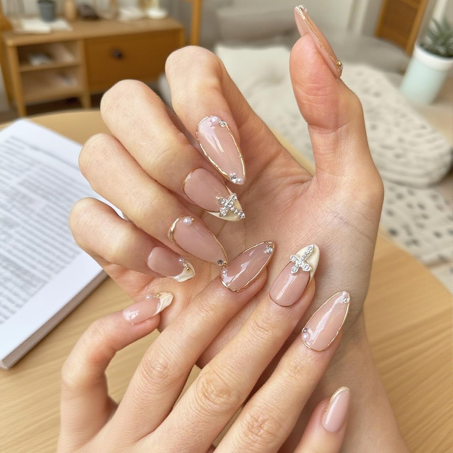 Luxury Handmade false nails，3D Gold French Cross Press-On Nails – Medium Almond Shape False Nails with Rhinestone Embellishments, Elegant Reusable Stick-On Nails(10PCS-M)