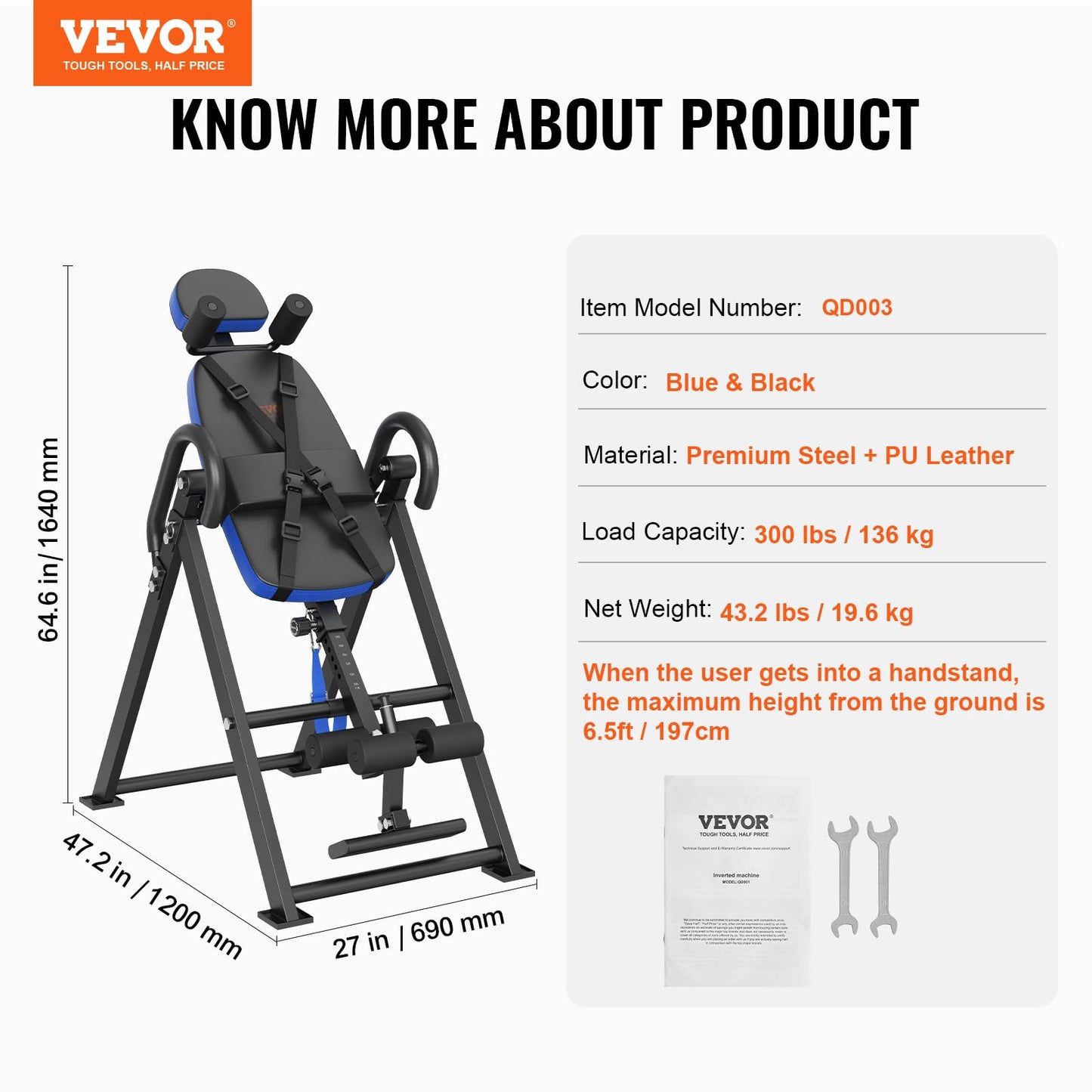 VEVOR Inversion Table, 300 lbs Capacity Heavy Duty Inversion Table, Decompression Back Stretcher Machine, Strength Training Equipment with Headrest, Ankle Lock, Adjustable Protective Belt, Blue/Black