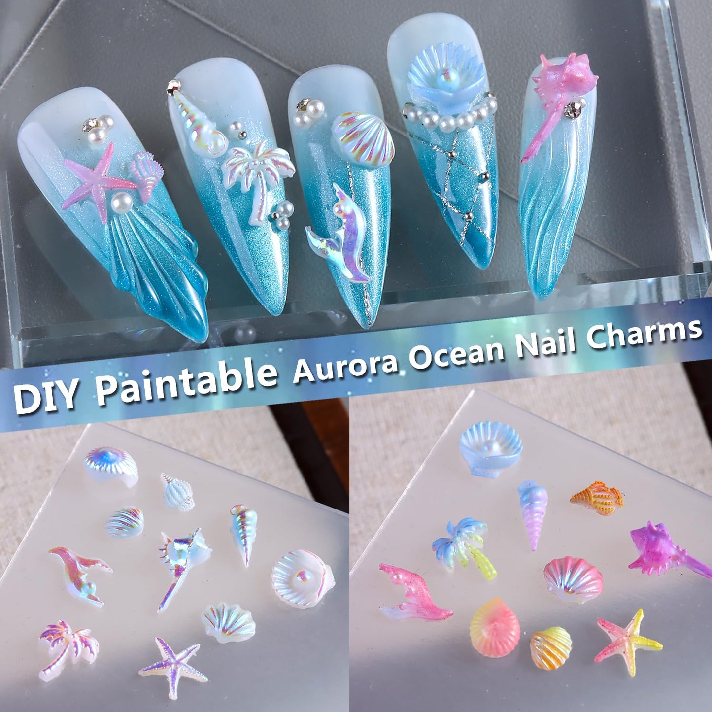 3D Summer Beach Resin Nail Charms, Aurora Shell Starfish Conch Fishtail Nail Decorations with Flatback Pearls and Rhinestones Gems for Nail Art DIY Crafts Manicure Jewel Accessories