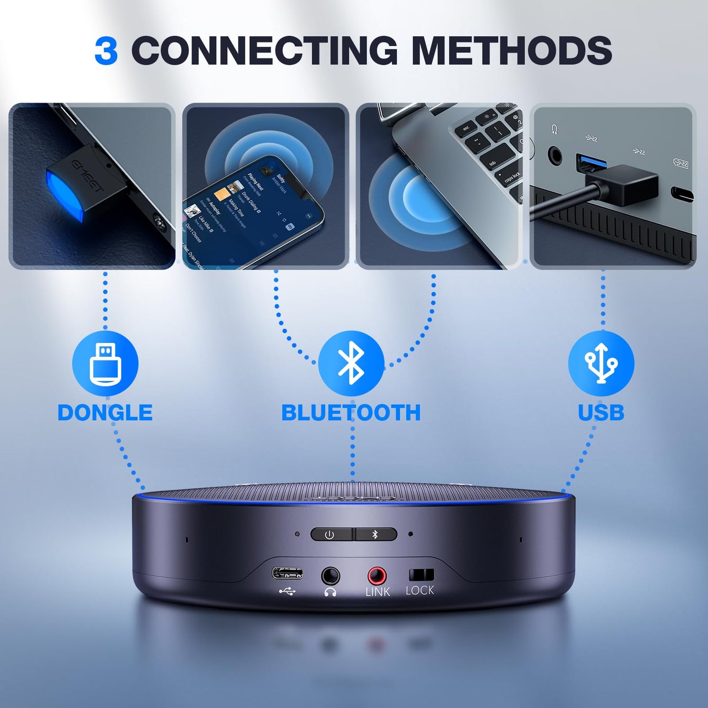 EMEET M3 Conference Speaker and Microphone, Zoom Certified Bluetooth Speakerphone with 4 AI Mics 360° Voice Pickup, 18H Talk Time, USB 2.0&Bluetooth 5.0 with Daisy Chain for 20 People for Zoom Teams