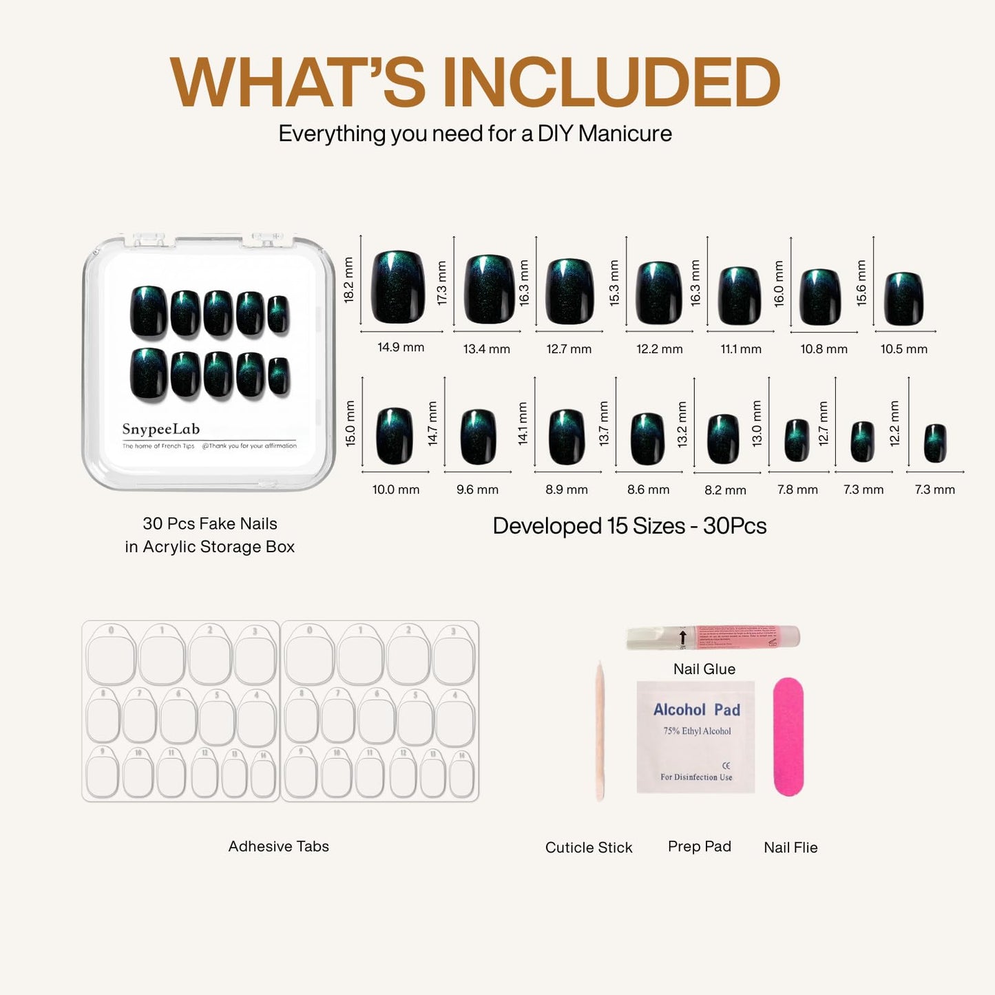SnypeeLab Green Cat Eye Press on Nails Short Square, French Tip Short Square Glue on Nails for Women Gift, Reusable Soft Press on Acrylic Nail with Designs 30Pcs (Teal Green)