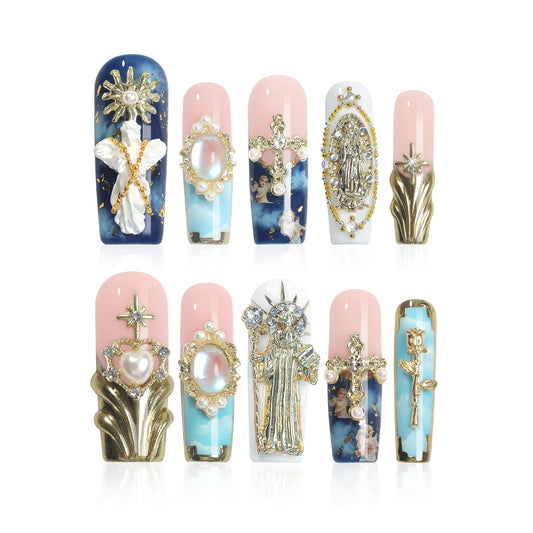 HOMSERA Handmade Press on Nails Long Square, XL Reusable Fake Nails Blue Nude Style with Sun Goddess & Gold 3D Flower Art XXL Luxury Acrylic French Tips With Cross Scepter & Aurora Design for Women