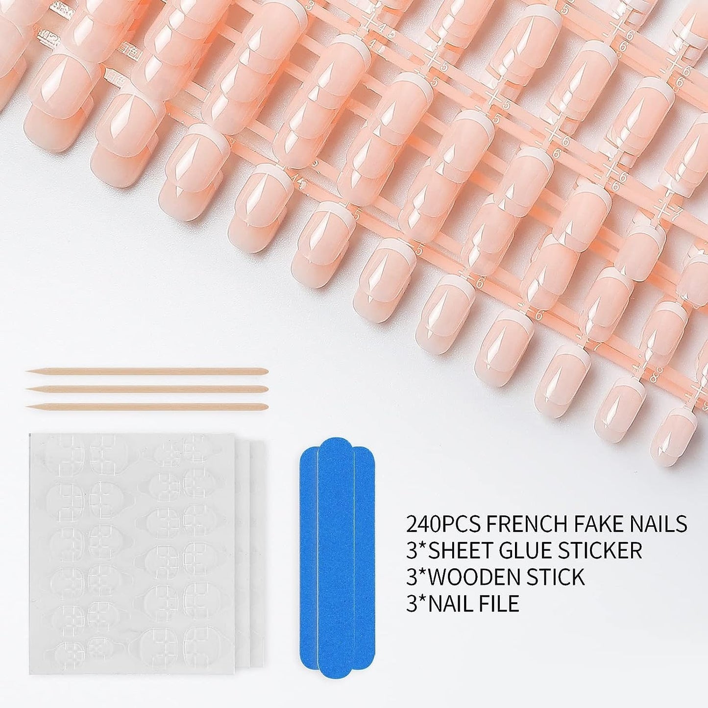 LIARTY 240 Pcs Natural French Short False Nails 12 Size Acrylic Full Cover Nails with Simple Case Press on(240Pcs)