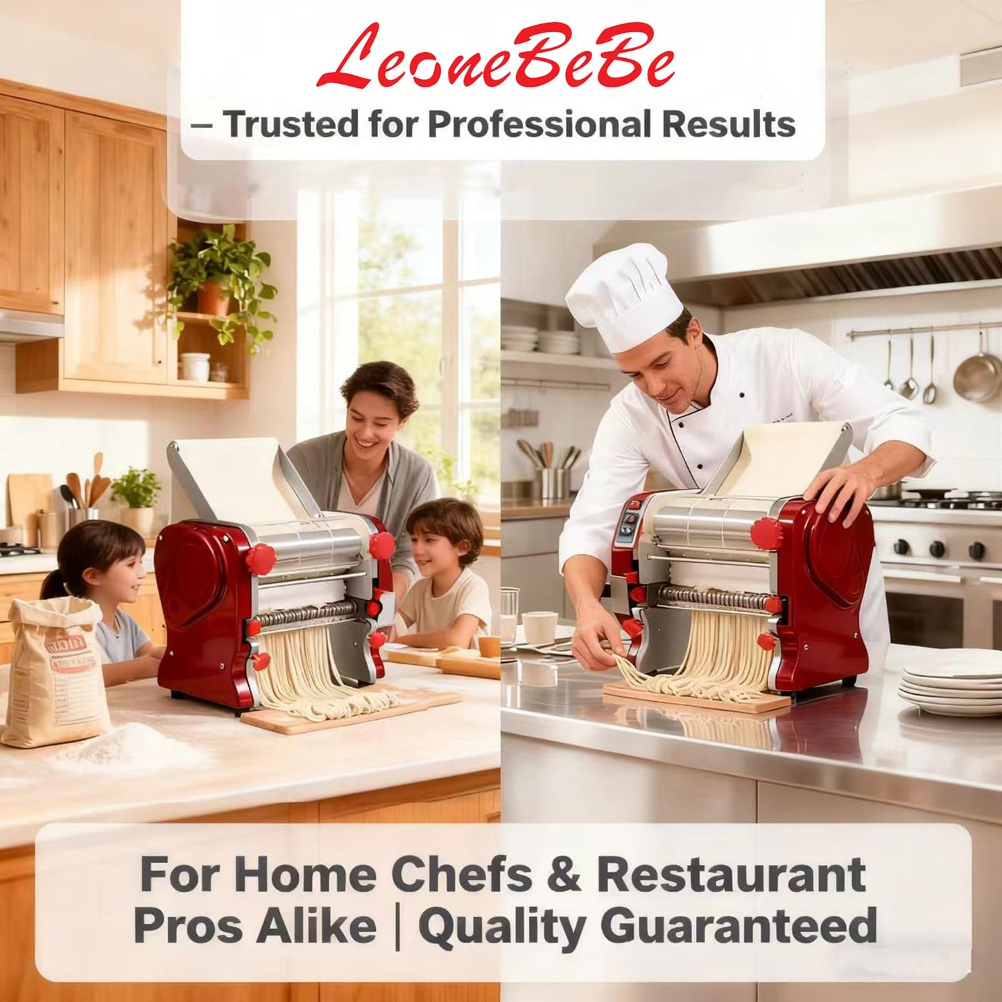 LEONEBEBE Pasta Maker Machine, Electric Commercial Pasta Roller with Stainless Steel Noodle Press, 3/9MM Blades, Dough Thickness Adjustable (0.3-5mm) for Spaghetti Lasagna Linguine Restaurant Use