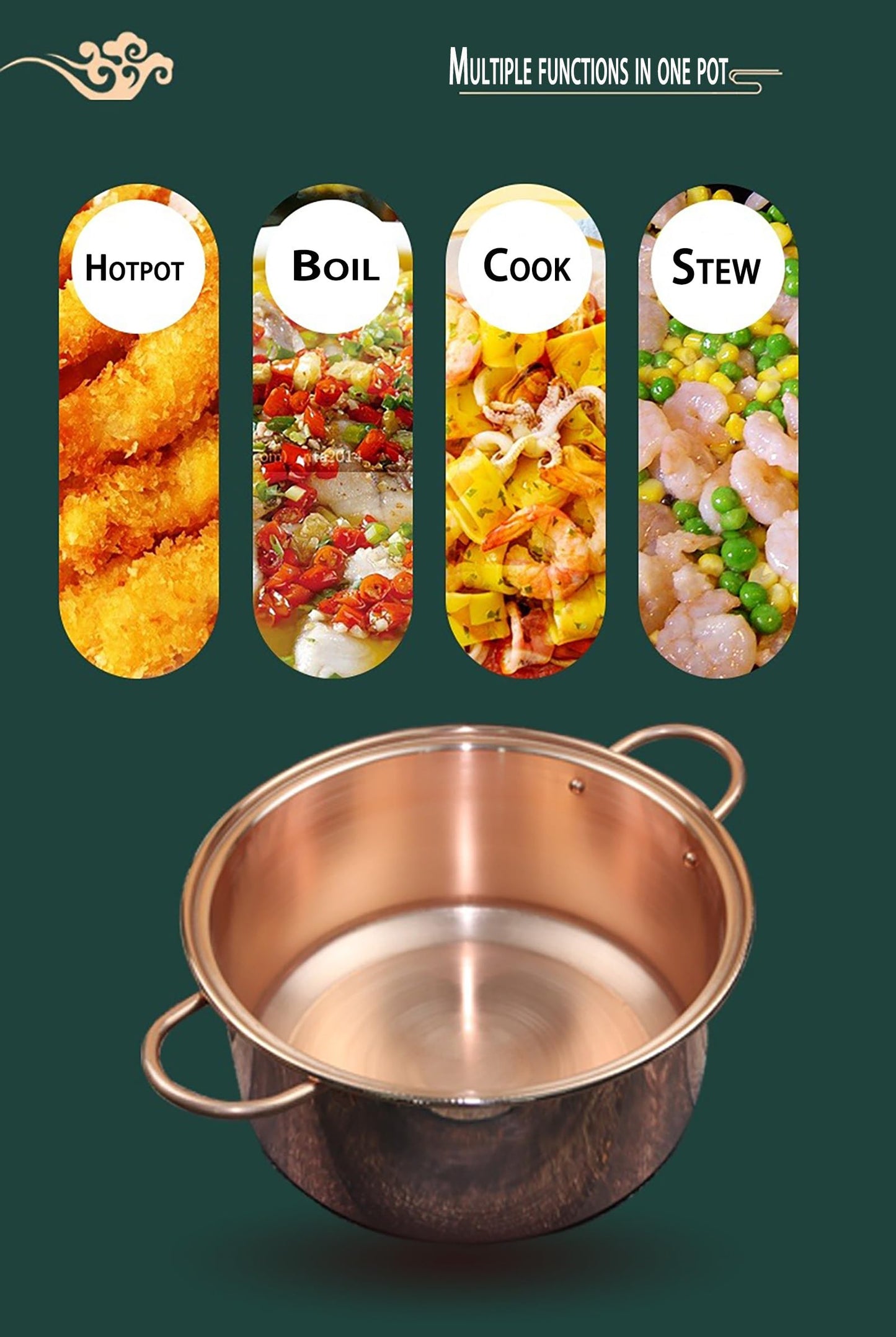 CVQWRJH Extra-thick Copper Hot Pot Pure Copper Tin Lined Cooking Pot, Copper Vintage Cooking pot, Chinese Style Induction Cooker Copper Hot Pot Handcrafted Copper Pot shabu Lamb Soup Copper Pot,28cm/1