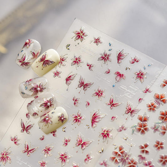 Butterfly Nail Art Stickers 5D Embossed Flower Nail Stickers Floral Nail Decals Luxury Self-Adhesive Nail Art Supplies for Women Girls Spring Manicure 1 Sheet
