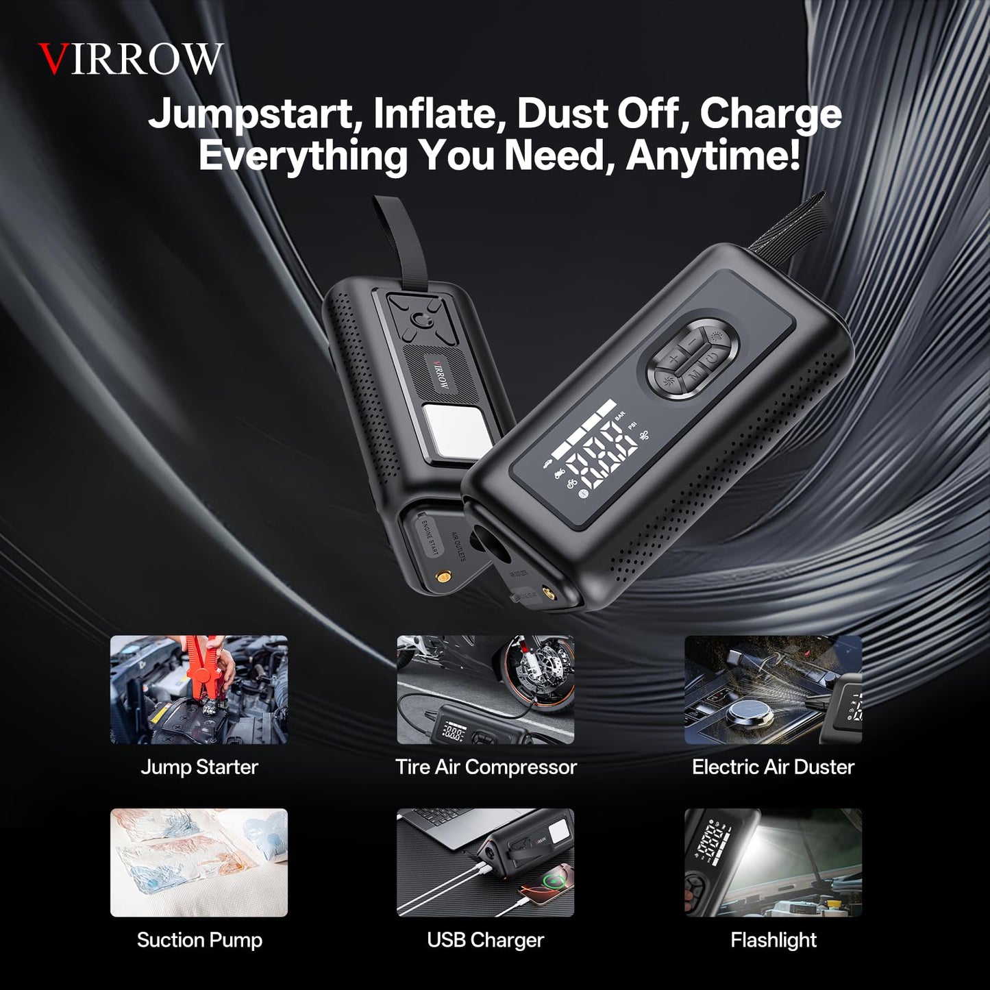 Tire Inflator Portable Air Compressor with Electric Air Duster and Car Jump Starter: 150PSI Cordless Bike Pump - 130000RPM - 1000A up to 6.0L Gas and 3.0L Diesel Engine for Cars, Outdoor, Home
