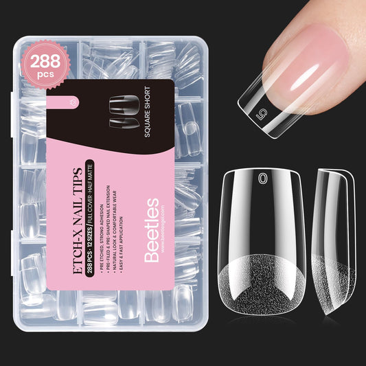 Beetles Gel Nail Tips Square Short, 288Pcs 12 Sizes Pre-Etched Half Matte Full Cover Soft Acrylic False Nail Tips Easy DIY Glue On Etch-X Nail Extension Salon Gift for Women Girls
