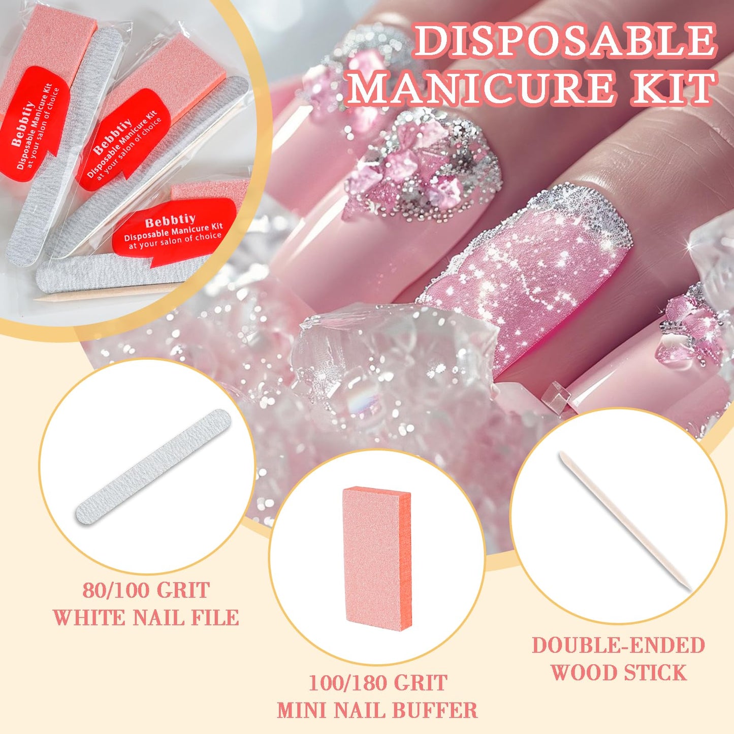 Disposable Manicure Kit Sets, 3 in 1 Nail Salon Manicure Set Professional, Nail File, Mini Buffer, Wood Stick, Individually Package for Salon Home (Count, 50, 80/100 Grit)