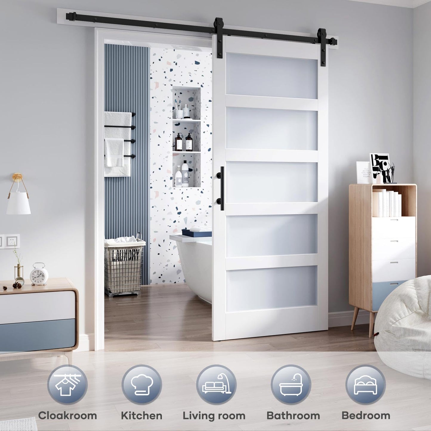 ROYMELO 38x80 Inch Glass Sliding Barn Door Slab and 6.6ft Hardware Kit Included, 5 Frosted Glass, LVL Wood Panel Covered with White Water-Proof Scratch-Proof PVC Surface, Simple DIY Assembly