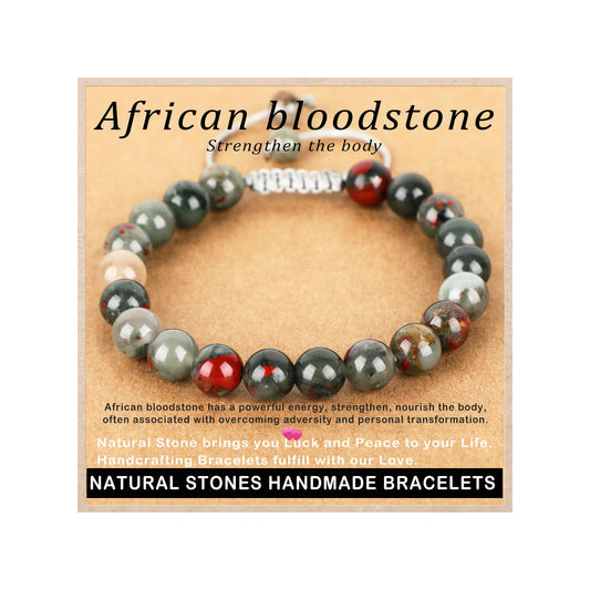 AD Beads 8mm African bloodstone - Strengthen the body - Handmade Natural Stone Crystal Bracelet with Adjustable Macrame String - Yoga Healing Power Energy Gifts for Men and Women