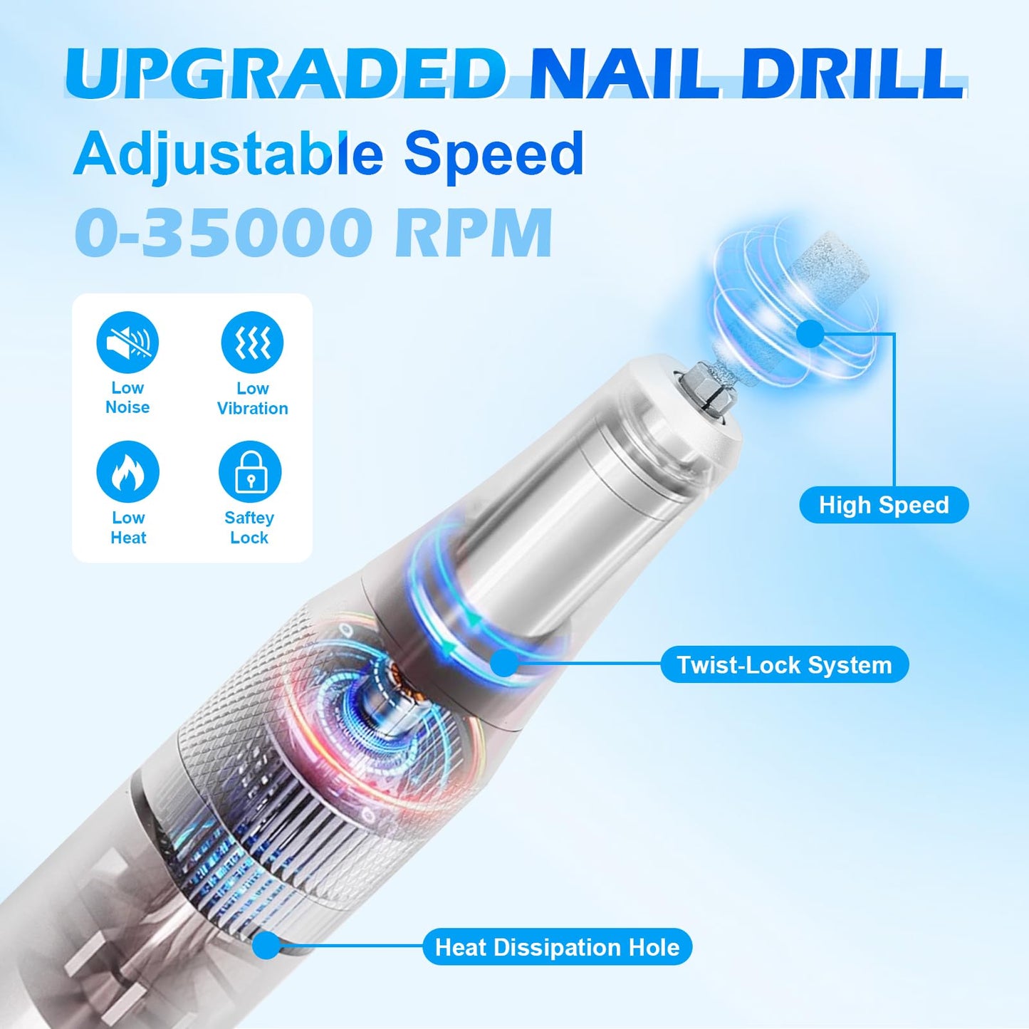 RALAMOND Professional Nail Drill, 35000RPM Electric Nail File, Rechargeable Cordless Machine, Nail Drill Kit with Bits, Portable Electric Nail Filer Manicure Pedicure (White)