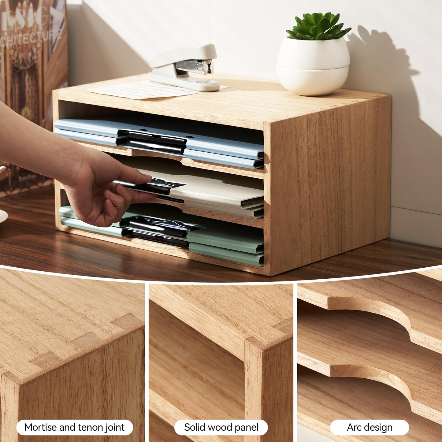 KIRIGEN Wooden Desktop Organizer Paper Storage Letter Tray File Sorter - Desk Rack Magazine File Dividers Holders for Home Office Accessories Wood Desk Cabinet with 3 Layer Trays Natural(3KWJG-NA)