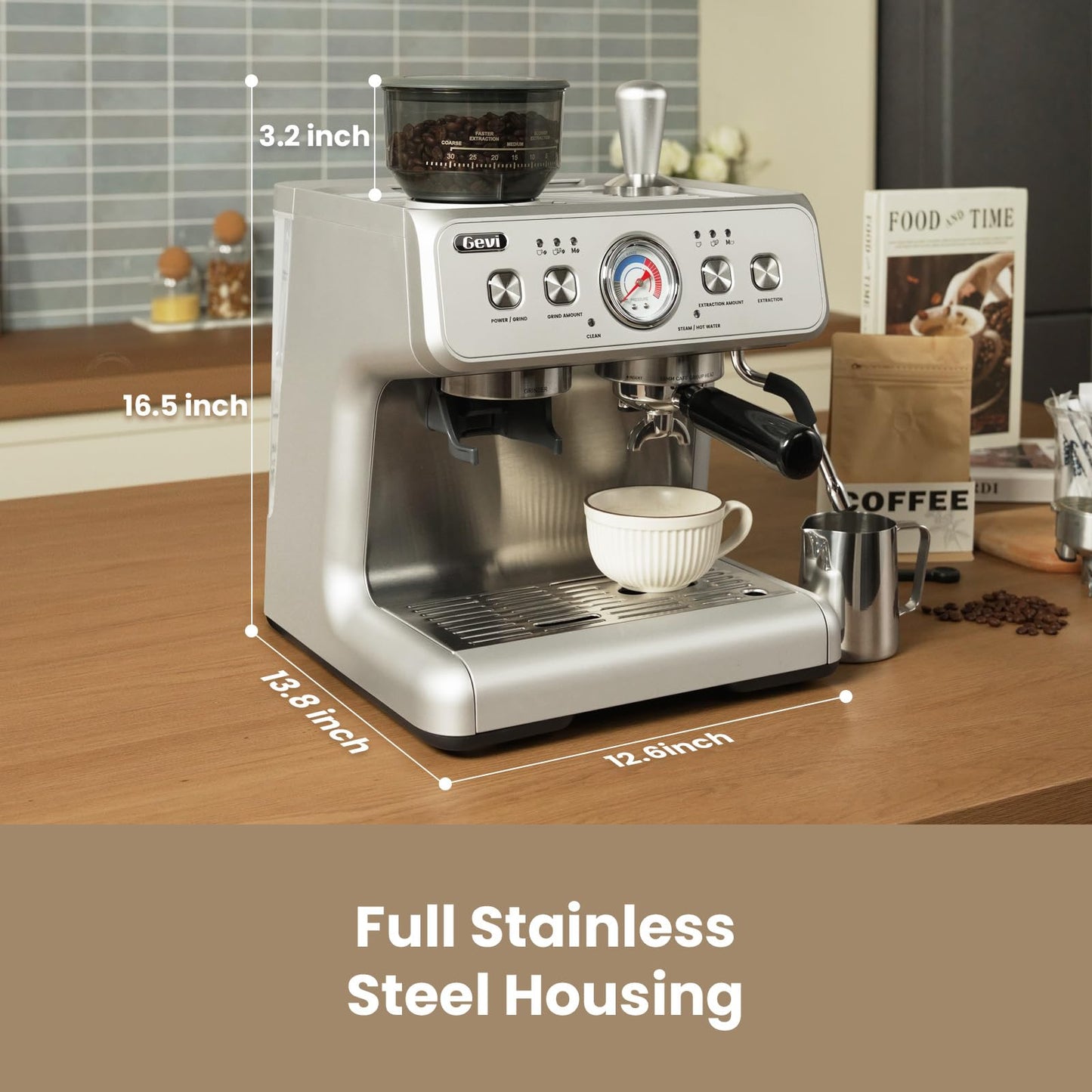 Gevi Dual Boiler Espresso Machine with Built-in Grinder & Barista Steam Wand | 58mm Commercial Portafilter, 31 Grind Settings, Stainless Steel | For Home Barista Use