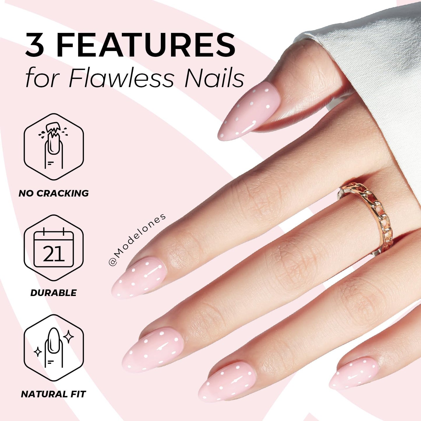 Modelones Pink Press on Nails Almond, Polka Dot Short Fake Nails, Reusable Nail Kit with Nail Glue Adhesive Tabs Mini Nail File, Nails Press Ons 32Pcs 16size, Women Girl Gift ﻿