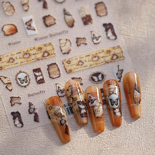Retro Butterfly Nail Stickers for Nail Art Rustic Paper Nail Decals Vintage Stickers for Nails Designs Self Adhesive Nail Art Supplies & Decorations for Women Girls,1 Sheet DIY Manicure Decor