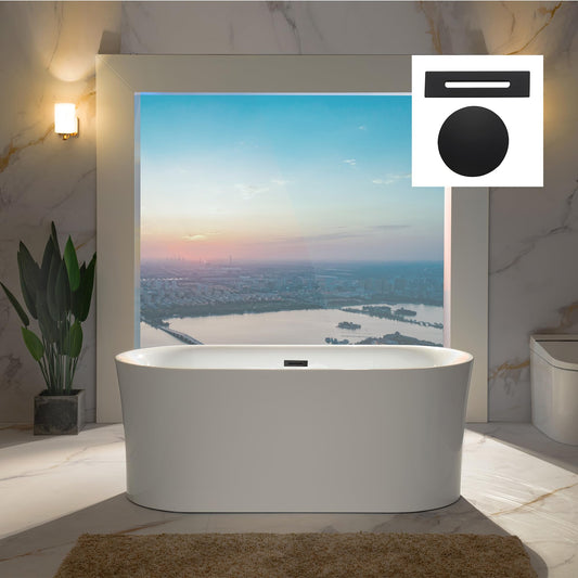 WOODBRIDGE 59" Acrylic Freestanding Bathtub Contemporary Soaking Tub with Matte Black Overflow and Drain,White Tub,B0058-MB