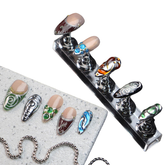 Almond Press on Nails Handmade Medium Long/Stiletto 3D Flower Fake Nail with Designs, Women Reusable False Nails (French Tip Silver, S)